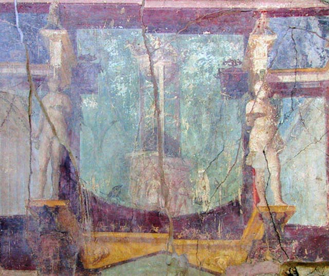 I.6.2 Pompeii. May 2006. Frigidarium, north wall. Detail of upper centre. Painting of Nike in flight and tripod with figures. 
