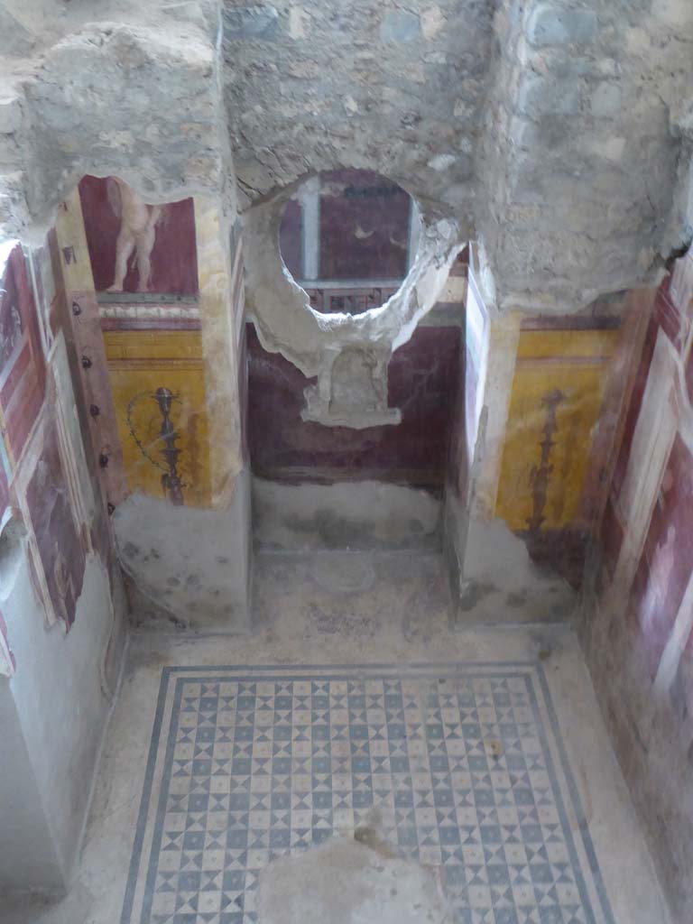 I.6.2 Pompeii. December 2015. West wall of frigidarium. 
Niche in west wall with painting of candelabrum.
At the rear through the hole, the west wall of the east wing of the cryptoporticus can be seen.
