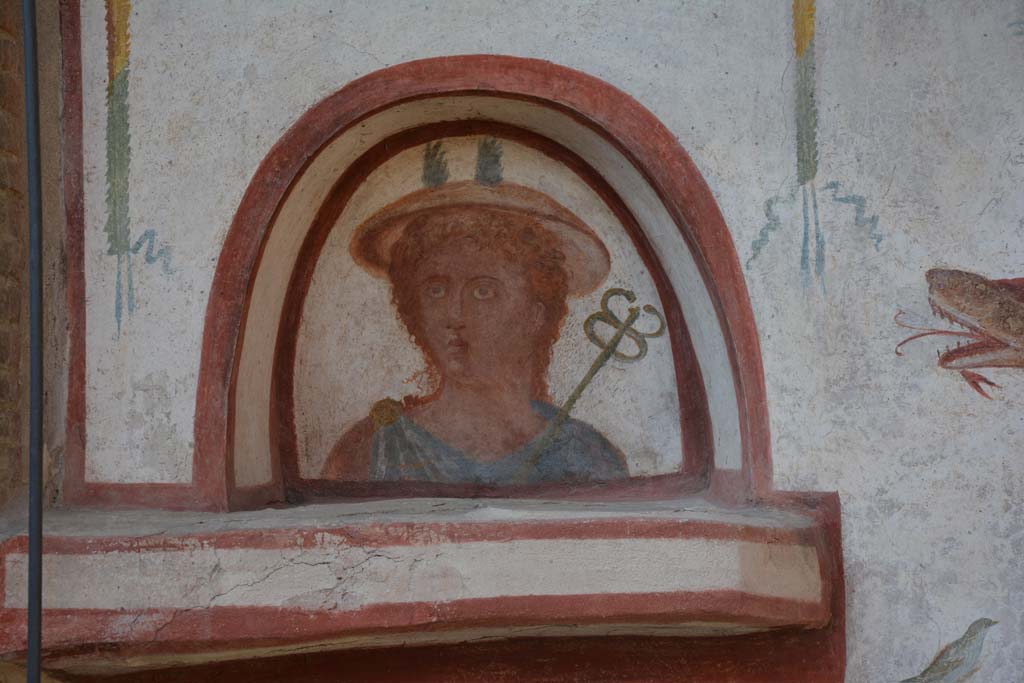 I.6.2 Pompeii. May 2016. Detail of painted Mercury in the arched niche of the lararium on west wall near portico.  
Photo courtesy of Buzz Ferebee. 
