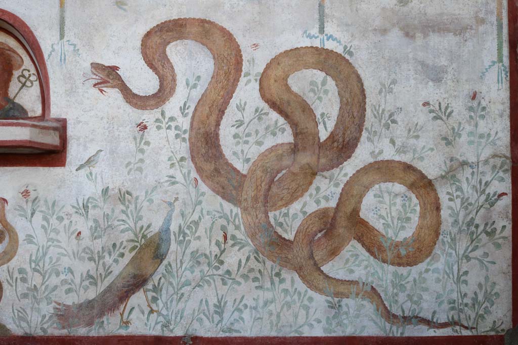 I.6.2 Pompeii. May 2006. Altar with small serpent, on the painted lararium.   