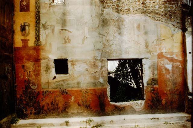 I.6.15 Pompeii. March 2019. 
Room 9, detail of painting of Nile scene with figures and temple from eats wall at north end.  
Foto Annette Haug, ERC Grant 681269 DCOR
