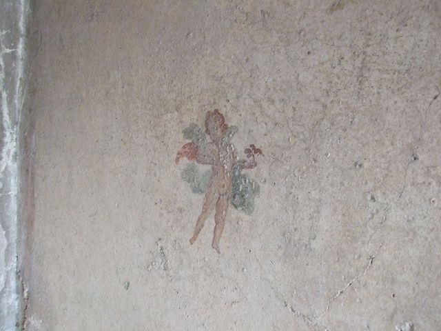 I.7.11 Pompeii. December 2018. 
Detail of wall painting of flying cupid from west end of north wall of bedroom on west side of atrium.
Photo courtesy of Aude Durand.
