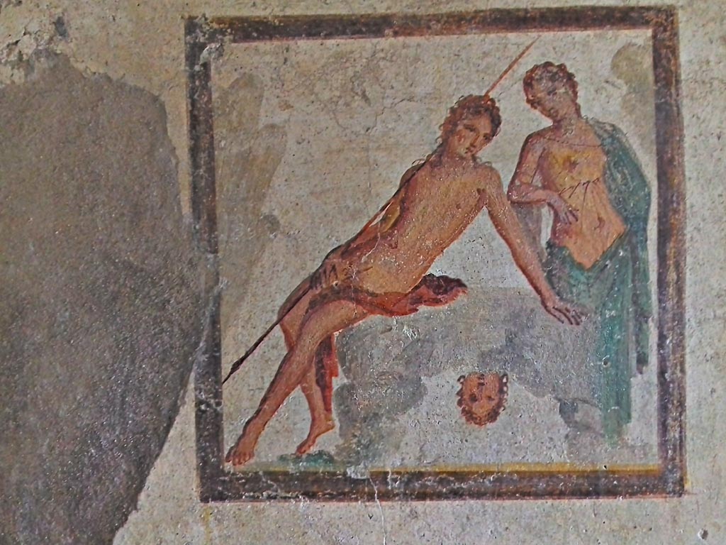 I.7.11 Pompeii. December 2006. Wall painting of Narcissus and Echo from north wall of bedroom on west side of atrium.
