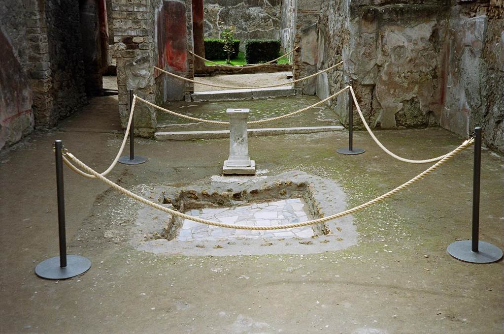 I.8.9 Pompeii. March 2010. Room 1, atrium with impluvium. According to PPM, the remains of the coloured marble opus sectile bottom of the impluvium were found. Looking south through tablinum to garden. Photo courtesy of Rick Bauer.
