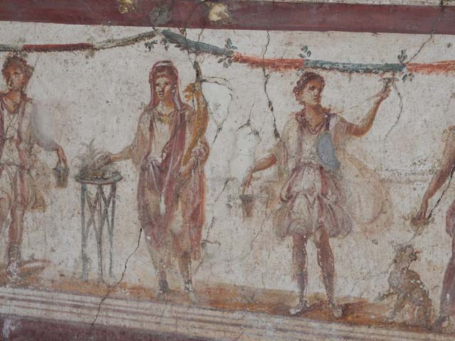 I.8.8 Pompeii. 1968. Detail from lararium on south wall.  Photo by Stanley A. Jashemski.
Source: The Wilhelmina and Stanley A. Jashemski archive in the University of Maryland Library, Special Collections (See collection page) and made available under the Creative Commons Attribution-Non Commercial License v.4. See Licence and use details.
J68f0639
