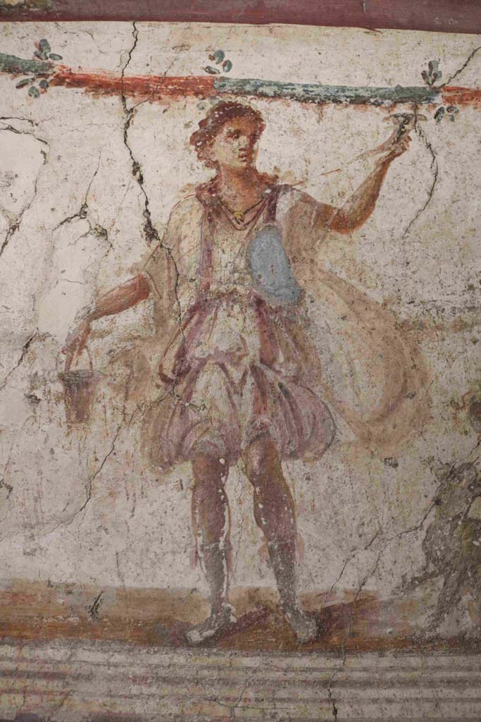 I.8.8 Pompeii. December 2018. Detail of Bacchus, with his panther drinking from his cup. Photo courtesy of Aude Durand.