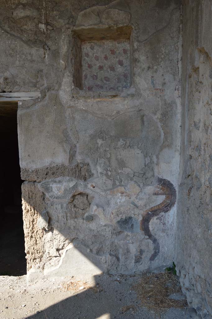 I.8.10 Pompeii. Lararium shortly after excavation.
In the middle of the uppermost zone is the niche, where poppies with purple flowers are painted on the back wall.
There were two Lares, one on either side of the niche.
There were two serpents, one rising either side of a round altar.  
The horizontal line, on which the base of a round altar rested, was about halfway up the serpent’s body.
The background of the middle zone is formed by oleander-like plants.
The lowest zone is filled by two perennial plants, probably lilies.
See Fröhlich, T., 1991. Lararien und Fassadenbilder in den Vesuvstädten. Mainz: von Zabern. (L9: p.253, T25.2).
