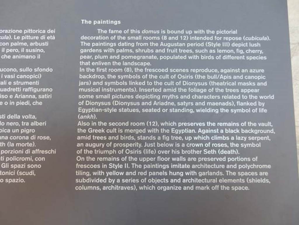 I.9.5 Pompeii. May 2016. Information card, our room is numbered “room 5” which relates to room number 8 from this card. Photo courtesy of Buzz Ferebee.
