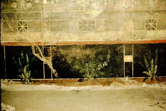 I.9.5 Pompeii. 1957. Room 5, zoccolo (lower plinth) of east wall of cubiculum with garden paintings. Photo by Stanley A. Jashemski.
Source: The Wilhelmina and Stanley A. Jashemski archive in the University of Maryland Library, Special Collections (See collection page) and made available under the Creative Commons Attribution-Non Commercial License v.4. See Licence and use details.
J57f0219
