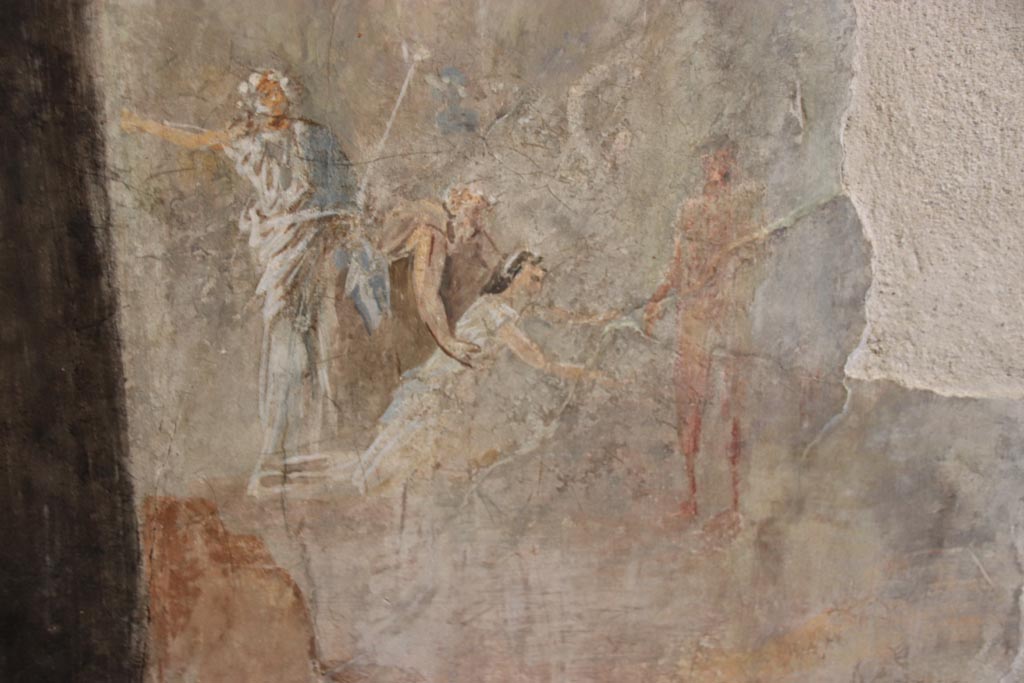 I.9.5 Pompeii. October 2023. Room 10, triclinium, fragment of central painting from south wall. Photo courtesy of Klaus Heese.