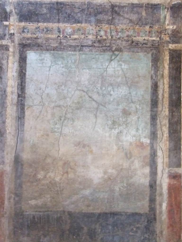 I.9.5 Pompeii. March 2009. Room 10, triclinium. West wall. Painting of Acteon and Artemis, or Diana. See Bragantini, de Vos, Badoni, 1981. Pitture e Pavimenti di Pompei, Parte 1. Rome: ICCD. (p.99). According to Peters, the painting had faded, but what remained of it justified the assumption that originally it must have been very beautiful. See Peters, W.J.T. (1963): Landscape in Romano-Campanian Mural Paintings.The Netherland, Van Gorcum & Comp. (p.85)

