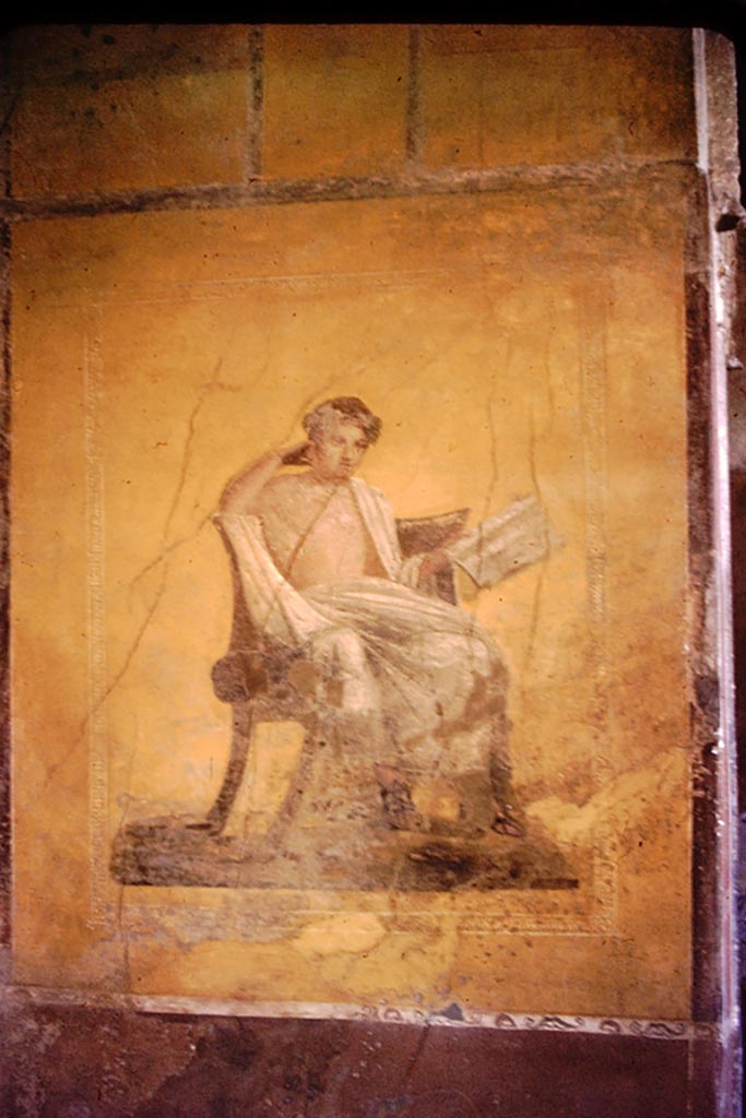 I.10.4 Pompeii. 1961. Alcove 23, wall painting of Menander. Photo by Stanley A. Jashemski.
Source: The Wilhelmina and Stanley A. Jashemski archive in the University of Maryland Library, Special Collections (See collection page) and made available under the Creative Commons Attribution-Non Commercial License v.4. See Licence and use details.
J61f0398
