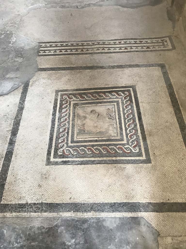 I.10.4 Pompeii. September 2019. Room 21, floor mosaic for two-side beds or couches, with emblema in centre.
Foto Annette Haug, ERC Grant 681269 DCOR.

