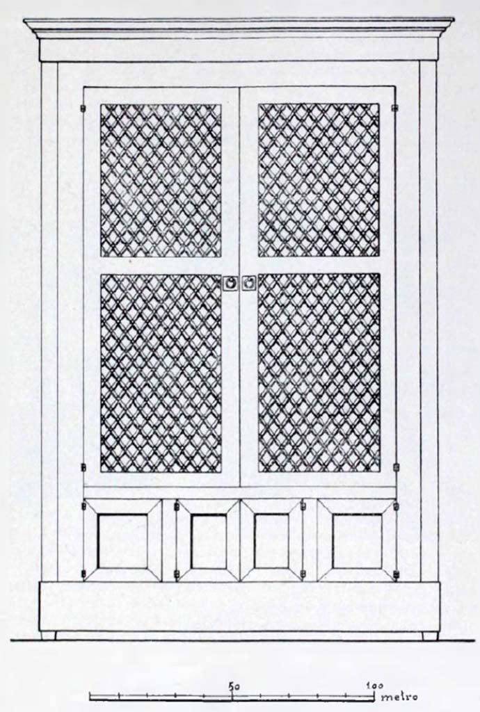 I.10.7 Pompeii. Reconstruction of wardrobe cupboard.
According to NdS 
"Of the numerous pieces of furniture (judging by what remained intact by the earlier searchers of the house through the series of breaches made in the walls of the various rooms) that must have been scattered in the various rooms, the remains of three wooden chests were found along the south-east walls of the atrium: among these there was also a beautiful panelled wardrobe (armarium) finely worked in the upper panels, with decoration of bronze studs, and with framed lower panels, like those of the doors of the house. The imprints obtained and the preserved elements have allowed us to draw a reconstructive sketch of the whole (fig. 13).
The other chests, found upturned and crushed by the collapse of the walls, would have been simple chests for the keeping of the clothes and objects for domestic use. The remains of another small cabinet filled with cases and small boxes of bronze were found in the tablinum, at the far side of the western wall from which it was perhaps suspended about a metre above the ground. " (Note 1).
(Note 1 (page 292)  
The rather artistic nature of the furniture, the varied quality of the material found and the craftsmans set of iron tools, may suggest that in recent times the house was inhabited by a faber arcarius,  a maker of chests and furniture: this would also explain the presence of the veneers (lamine) and the encrustations of bone, as well as preparations for the encaustic colouring.
See Notizie degli Scavi di Antichit, 1934, (p.292)

