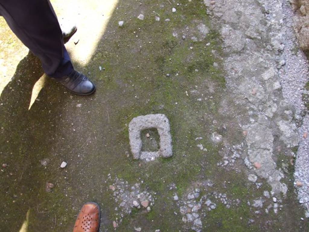 I.10.7 Pompeii. March 2009.  Remains of door stop in floor of fauces.