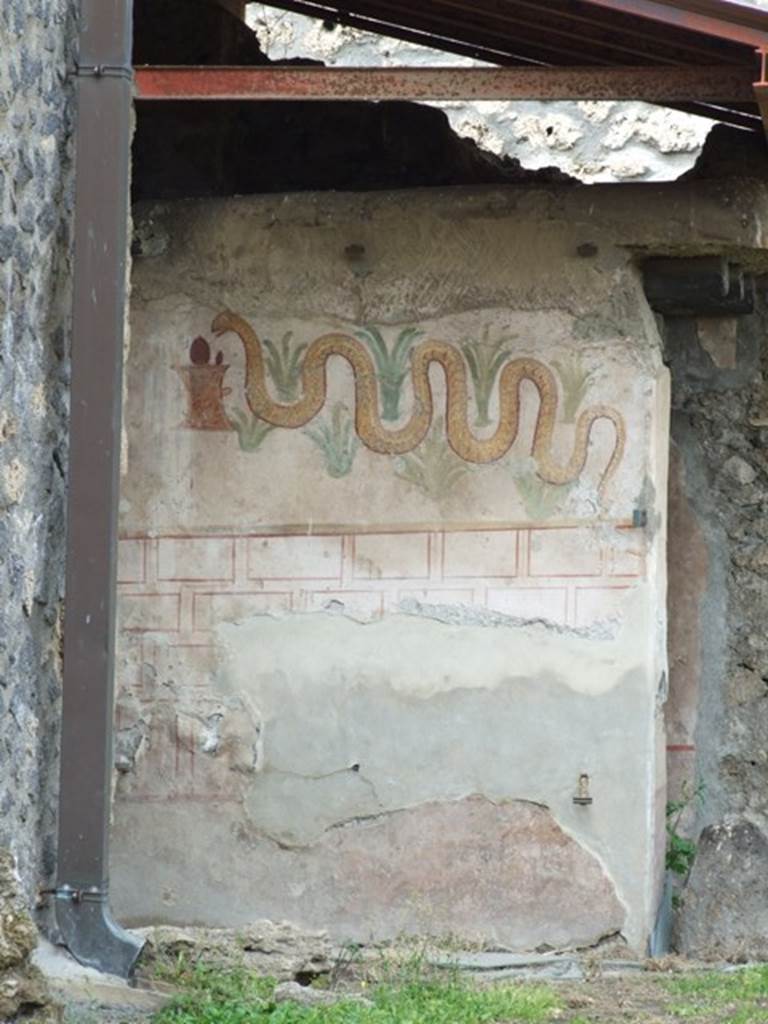 I.11.11 Pompeii. March 2009. Lararium on exterior south wall of latrine. The lower zone was a painted wall in imitation stone.  In the middle zone was painted block work.
Above, a serpent approached a round altar from the left, passing through perennial plants.
See Fröhlich, T., 1991. Lararien und Fassadenbilder in den Vesuvstädten. Mainz: von Zabern. (L22, T:27,1).
