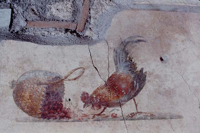 I.12.3 Pompeii. July 2021. Room 2, upper north wall, painting of cock eating cherries from a fallen basket. 
Foto Annette Haug, ERC Grant 681269 DÉCOR
