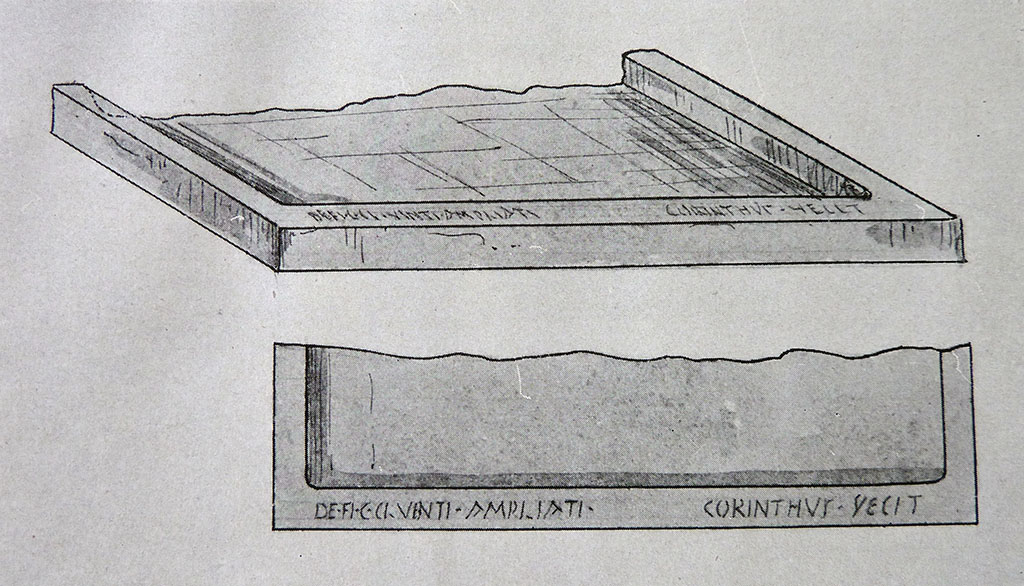 II.2.4 Pompeii. Large terracotta table with raised border.
According to Spinazzola, a large thick table/board with raised border (m.1.18 side to side), was found badly mutilated in this house. 
On the border of the pottery table/board, the potter (Corinthus) signed this, accompanying his name with the pottery workshop 
"de fi(glinis) C(ai) Cluenti Ampliati – Corinthus fecit", of which he evidently was the master maker (see I.7.4). 
Spinazzola, V. Pompei, alla luce degli Scavi Nuovi di Via dell’Abbondanza (Anni 1910-1923), Vol.2, p.687, fig.651.
