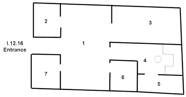 I.12.16 Pompeii. House with painted labrum. 
Room Plan.