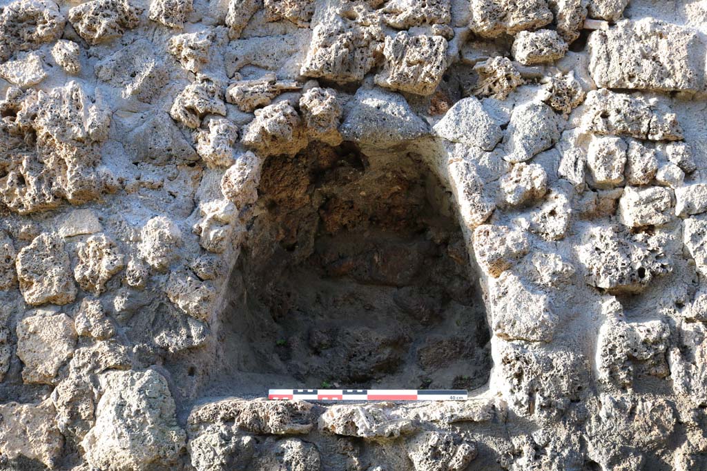 I.14.4, Pompeii. December 2018. 
Looking west towards street shrine/niche on south side of entrance doorway. Photo courtesy of Aude Durand.
