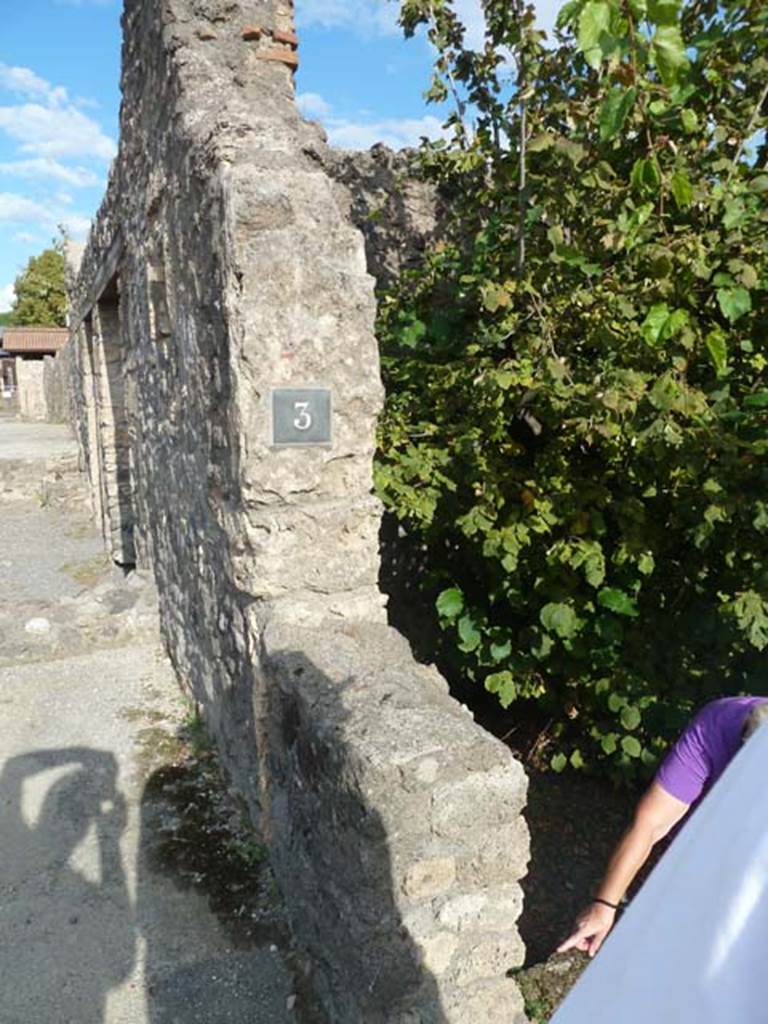 I.21.3 Pompeii. September 2015. East side of entrance doorway on Via della Palestra.