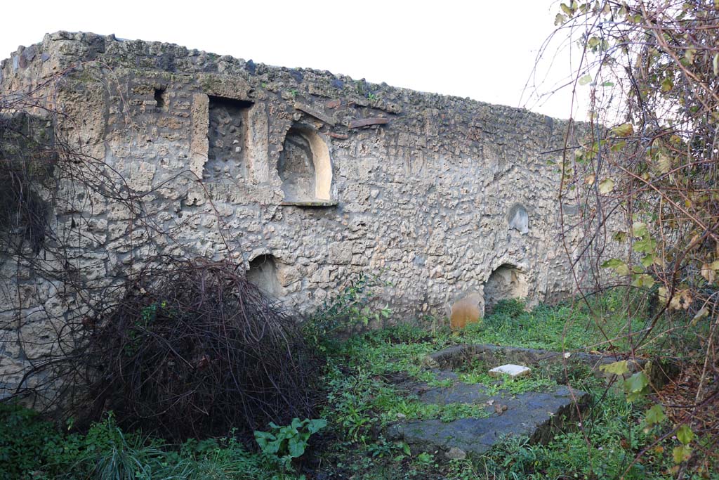 I.21.3 Pompeii. December 2018. Looking towards west wall with niches above triclinium. Photo courtesy of Aude Durand.