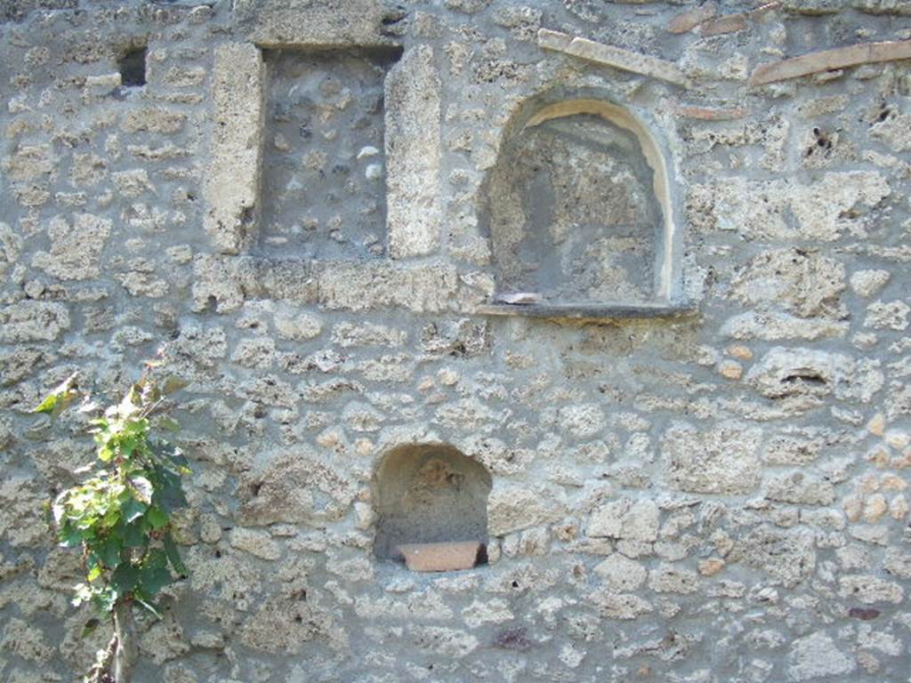 I.21.3 Pompeii. September 2005. In the west wall above the triclinium were three niches.  The larger of the two arched niches had a roof tile forming a shelf that reached out into the garden: this niche was undoubtedly a lararium.  The smaller and lower of the two arched niches may have held a lamp. The rectangular niche had the appearance of a window that had been only partially walled in.  It too may have held a lamp. See Jashemski, W. F., 1993. The Gardens of Pompeii, Volume II: Appendices. New York: Caratzas. (p. 70)
