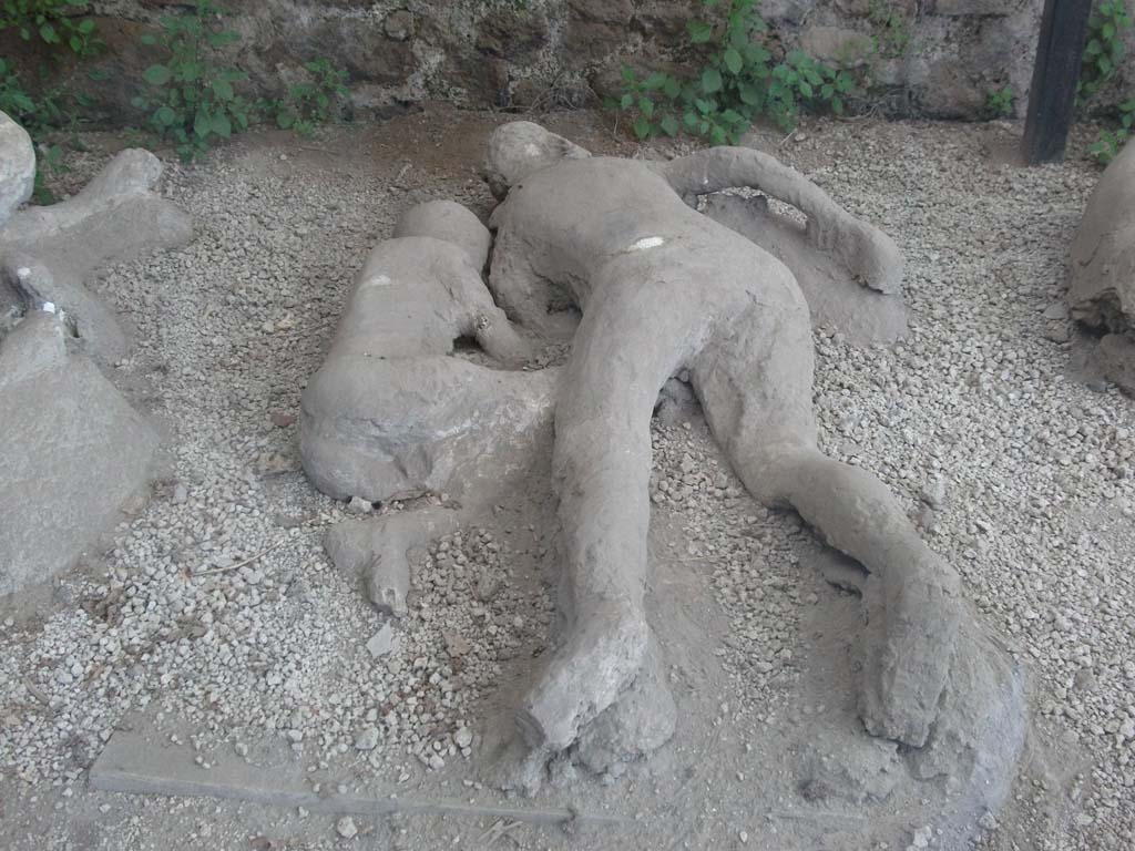 I.21.6 Pompeii. May 2010. Detail of plaster casts of impressions of two bodies, victim 44, left and victim 45, right.