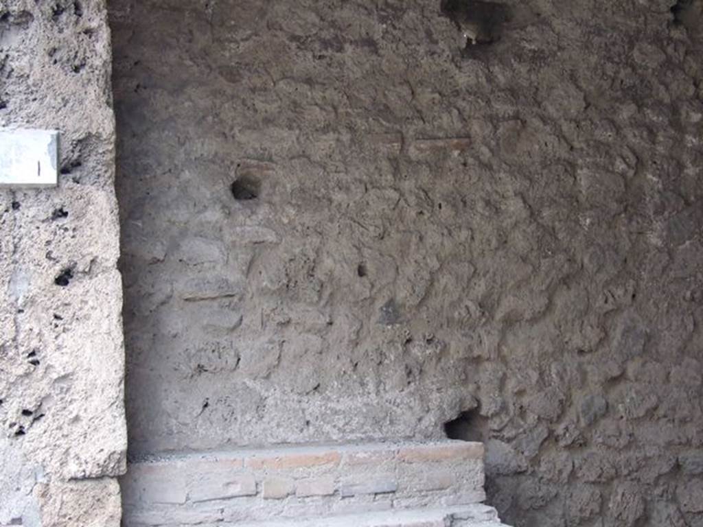 II.1.1 Pompeii. December 2006. East wall with display shelves in north-east corner. When excavated parts of the conserved base of the east and west wall showed painted stucco with red droplets. On the surviving part of the east wall, painted decoration - including  panels painted with yellow lines of small leaves on a red background - could be seen.
See Notizie di Scavi, 1917, (p.251)