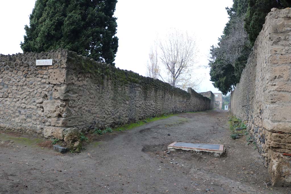 II.1.8/II.1.9, on left, Pompeii. December 2018. 
Looking north along Vicolo di Octavius Quartio, from junction with Via di Castricio. Photo courtesy of Aude Durand.
