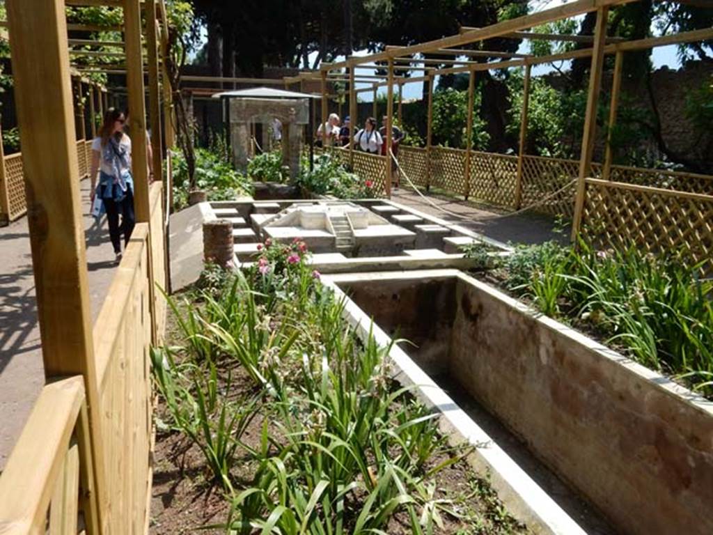 II.2.2 Pompeii. May 2016. Room “l”, garden. Looking south along east side of lower euripus.
Photo courtesy of Buzz Ferebee.
