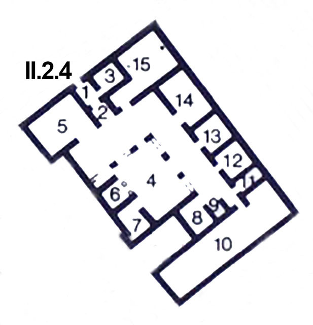 II.2.4 Pompeii. House of Augustalis or Domus of Messius Ampliatus. Plan based on that in PPM.
See Carratelli, G. P., 1990-2003. Pompei: Pitture e Mosaici: Vol. III. Roma: Istituto della enciclopedia italiana, p. 109.
According to Eschebach, 
Rooms 1 and 2 were a wide fauces.
Room 3 was the porters room (cella ostiaria) and contained stairs to the upper floor.
Room 4, the atrium had been converted into a two-sided pillared pseudoperistyle portico and garden. 
Room 5 was a large oecus.
Room 6 was a garden room (diaeta?) 
Room 7 was a staircase together with an amphorae store
Room 8 was a cubiculum.
Room 9 was the kitchen.
Room 10 was a narrow rear garden with 3 small windows looking onto the biclinium of II.2.2.
Room 11 was for the stairs to the upper floor, over the latrine (?).
Room 12 was a cubiculum.
Room 13 was a cubiculum.
Room 14 was a triclinium.
Room 15 was a large room in the north-east corner of the north portico from which room 3 had been created.
See Eschebach, L., 1993. Gebudeverzeichnis und Stadtplan der antiken Stadt Pompeji. Kln: Bhlau, (p.89)
