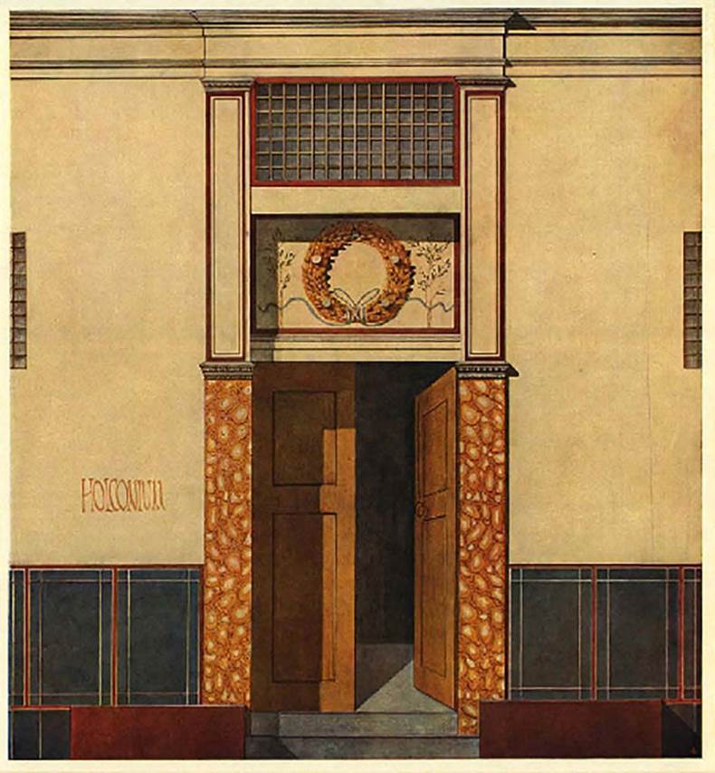 II.2.4 Pompeii. Reconstruction painting of entrance doorway and front faade on Via dellAbbondanza.
See Spinazzola V., 1953. Pompei alla luce degli Scavi Nuovi di Via dellAbbondanza (anni 1910-1923). Roma: La Libreria della Stato, p. 134, Tav. VIII.
