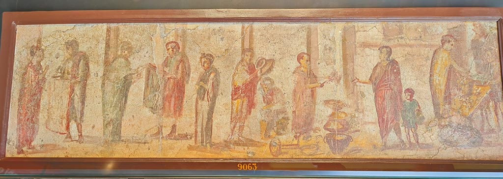 II.4.3 Pompeii. March 2024. Paintings of the Forum frieze, inv. 9063 at Naples Museum.
On display in exhibition in Palaestra entitled - L’altra Pompei, vite comuni all’ombra del Vesuvio”. Photo courtesy of Giuseppe Ciaramella.
