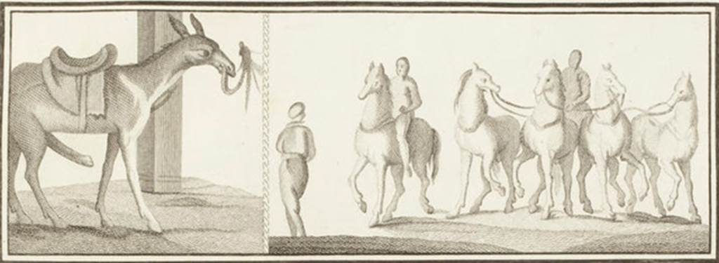 II.4.3 Pompeii. 1762 drawing of two parts of the “Forum Frieze” found in the atrium.  Now in Naples Archaeological Museum.  Inventory number 9062. See Accademici Ercolanesi, 1762. Le Pitture Antiche d’Ercolano: Tome III. (p.231, Tav. 44).