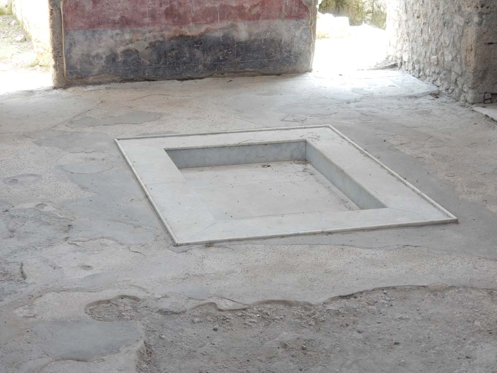 II.4.10 Pompeii. June 2019. Looking south across impluvium in atrium.
Photo courtesy of Buzz Ferebee.
