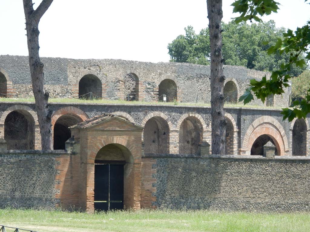 II.7 Pompeii. June 2019. Looking east to entrance at II.7.2, near amphitheatre. Photo courtesy of Buzz Ferebee.