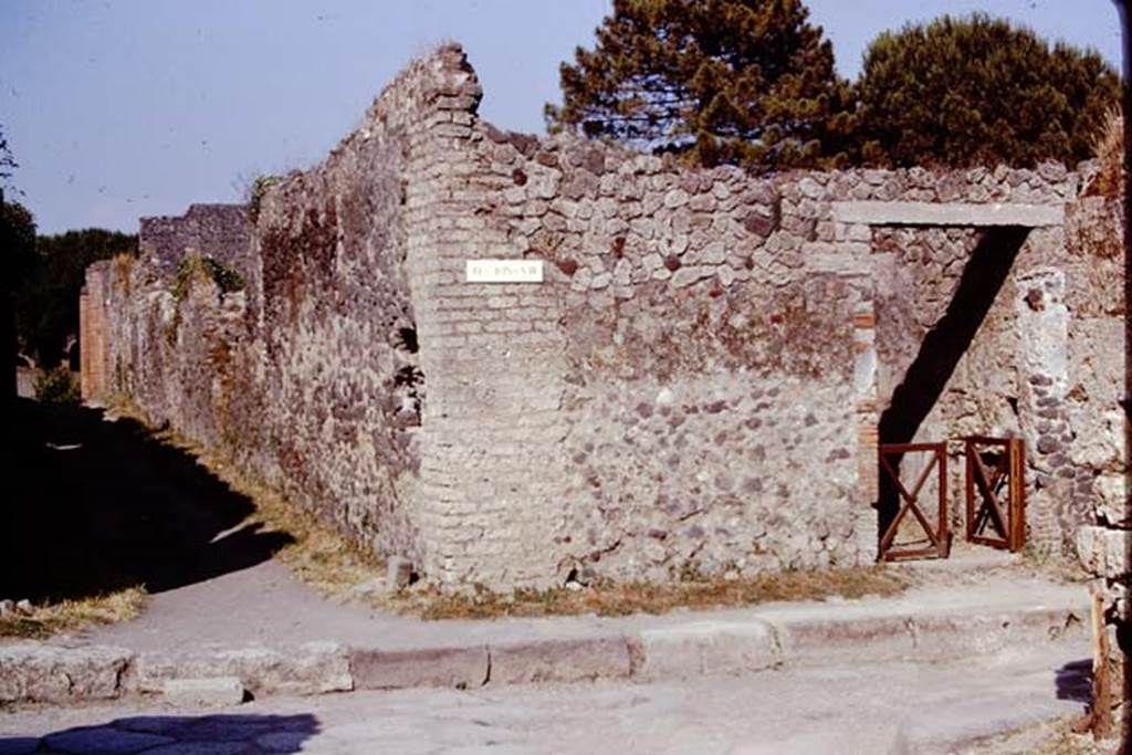 II.8.6 Pompeii, 1973. Looking east across Via di Nocera towards north exterior wall on Via della Palestra. Photo by Stanley A. Jashemski. 
Source: The Wilhelmina and Stanley A. Jashemski archive in the University of Maryland Library, Special Collections (See collection page) and made available under the Creative Commons Attribution-Non Commercial License v.4. See Licence and use details. J73f0225

