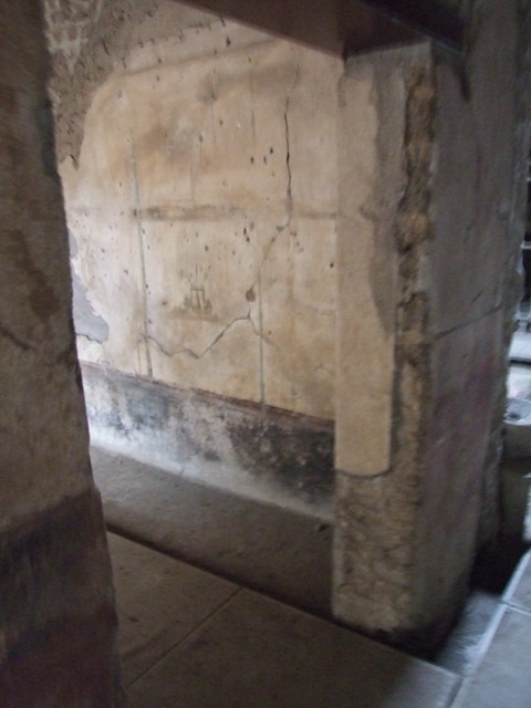 II.9.1 Pompeii. December 2018. 
Decorative paintwork on south wall of corridor 6 near doorway to room 5 with large window on south side of corridor behind atrium.  
Photo courtesy of Aude Durand.
