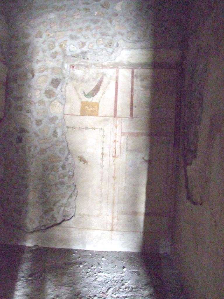 II.9.4 Pompeii. December 2007. Room 4, looking through doorway to room in north-east corner of atrium.  
Painted plaster with painting of a peacock.
