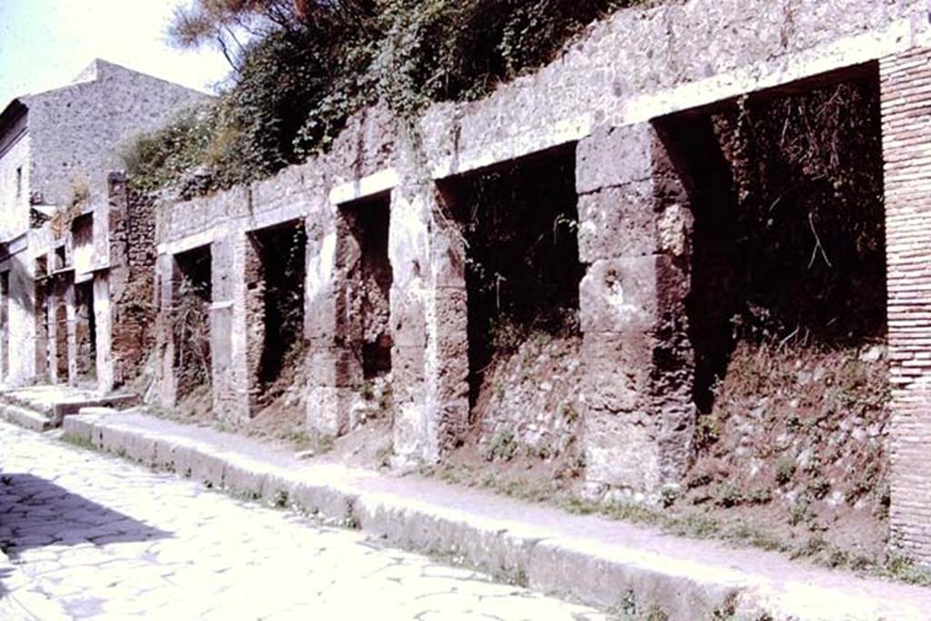 III.1.1-5 Pompeii. 1972. Looking west along III.1 on north side of Via dell’Abbondanza from III.1.5, on right.  Photo by Stanley A. Jashemski. 
Source: The Wilhelmina and Stanley A. Jashemski archive in the University of Maryland Library, Special Collections (See collection page) and made available under the Creative Commons Attribution-Non Commercial License v.4. See Licence and use details. J72f0401
