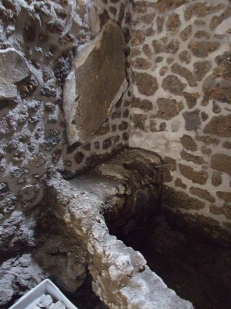 III.2.1 Pompeii. March 2009. 
Room 11, east end of north wall, latrine (on left) and small dividing wall to area with narrow masonry bench.
