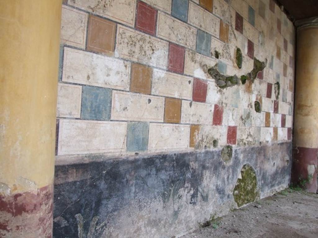 III.2.1 Pompeii.  March 2009.  Room 20. Summer Triclinium.   North wall with remains of painted plants, and painted wall of red, yellow and blue squares.