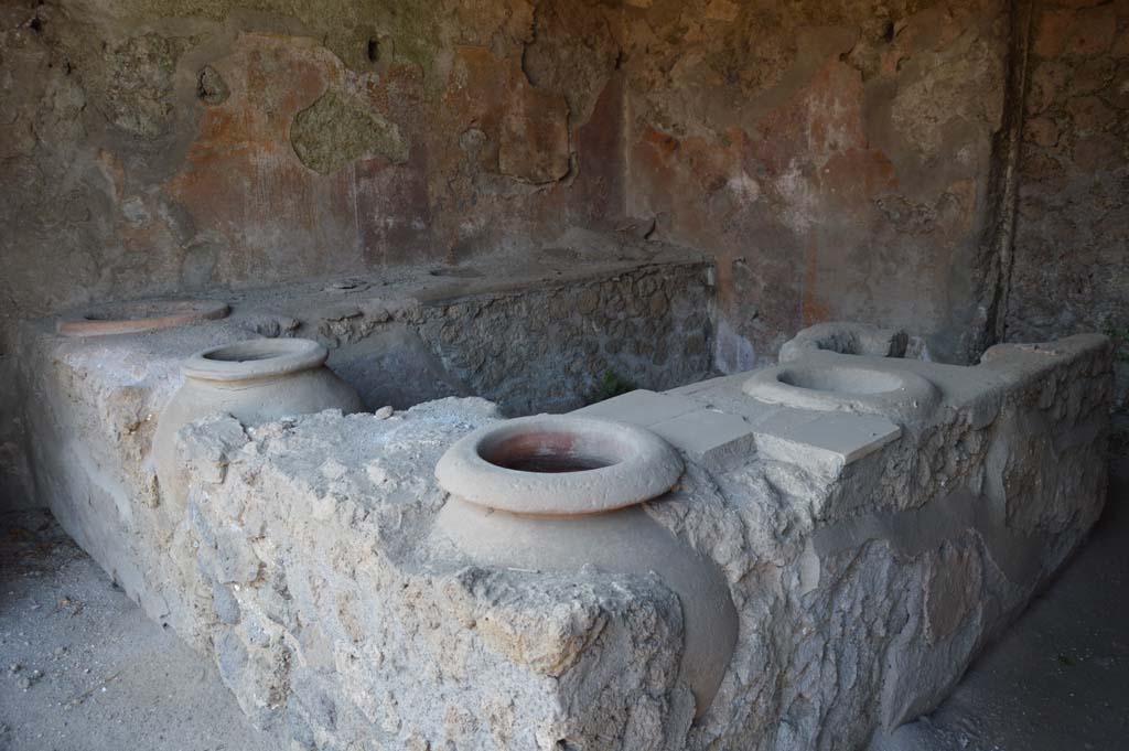 III.6.1 Pompeii. October 2017. Looking north-west across counter with dolia and hearth.
Foto Taylor Lauritsen, ERC Grant 681269 DÉCOR.
According to Eschebach,  the counter had a total of 6 dolia.
See Eschebach, L., 1993. Gebäudeverzeichnis und Stadtplan der antiken Stadt Pompeji. Köln: Böhlau. (p.108-9).


