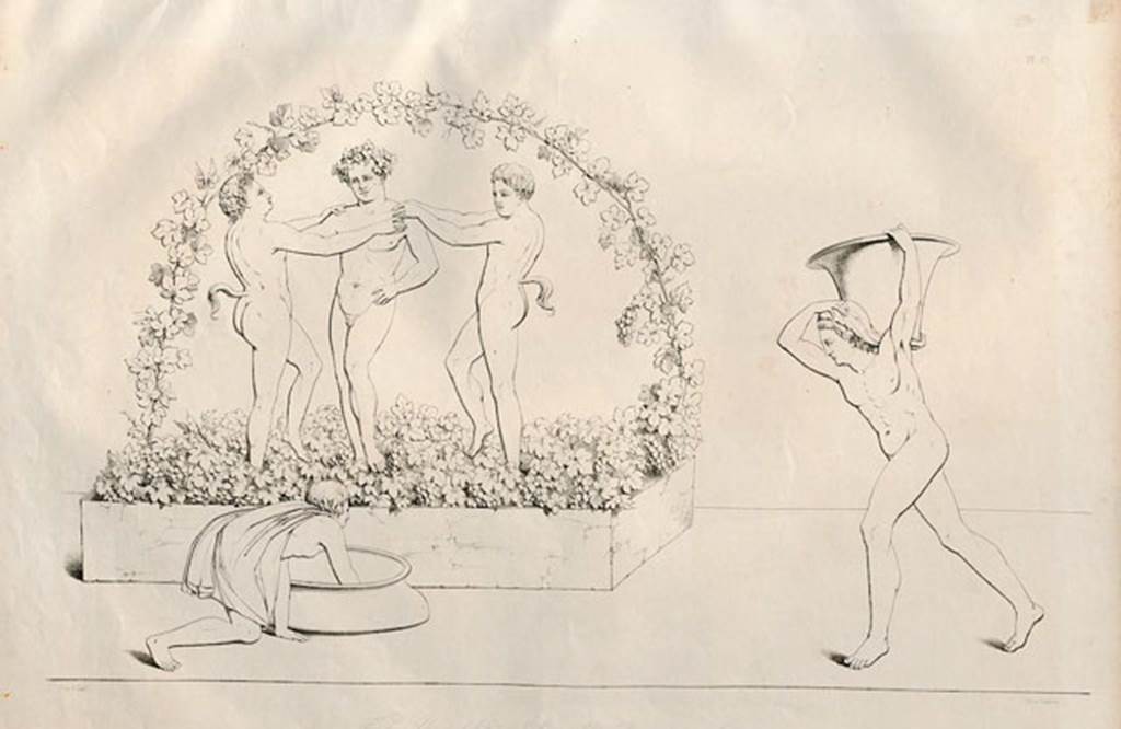 III.8.4 Pompeii. 1852 drawing of painting on faade. Painting of three naked crowned Satyrs treading grapes in a rectangular wine press. In front a man in a tunic collects wine in a doliium. To the right a man in an apron carries a basket of grapes on his shoulder. See Frhlich, T., 1991. Lararien und Fassadenbilder in den Vesuvstdten. Mainz: von Zabern. (p. 314, F22, Abb. 8). See Zahn, W., 1852. Die schnsten Ornamente und merkwrdigsten Gemlde aus Pompeji, Herkulanum und Stabiae: III. Berlin: Reimer. Taf. 13.