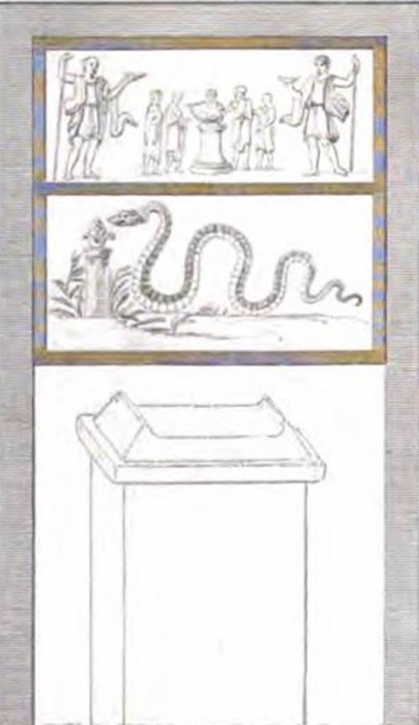 IV.4.g Pompeii. Drawing of the street altar and Lararium painting found between IV.4.f and IV.4.g. See Gell, W. and Gandy, J., 1852.  Pompeiana: 3rd Edition.  London: Bohn.  (p. 97, Pl. 18). 