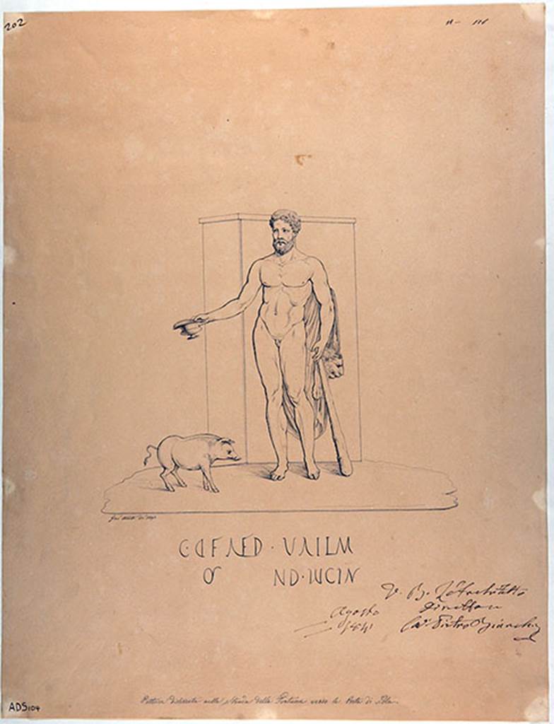 IV.5.b Pompeii. 1841. Entrance west pillar. Drawing by G. Abbate of Hercules with pig.
On the west pillar was a painting of Hercules, naked with a lion skin over his left shoulder.
In his right hand was a cantharus (cup) and his left hand was over the end of his club.
Under is an electoral inscription C D F AED.
Now in Naples Archaeological Museum. Inventory number ADS 104.
See Frhlich, T., 1991. Lararien und Fassadenbilder in den Vesuvstdten. Mainz: von Zabern. (p.316, F27)
Photo  ICCD. http://www.catalogo.beniculturali.it
Utilizzabili alle condizioni della licenza Attribuzione - Non commerciale - Condividi allo stesso modo 2.5 Italia (CC BY-NC-SA 2.5 IT)

