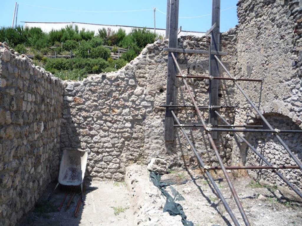 V.1.15 Pompeii. July 2008. 
Looking towards north wall of small garden area, and site of small oven (on left). Photo courtesy of Jared Benton.
According to Boman and Nilsson -
“Northern oven
The northern oven was completely destroyed by a bomb hit in 1943. 
Nothing more than some crushed lava stones, brick, tiles and dark brown clay mortar were found scattered in the area of the N oven.”
See The Swedish Pompeii Project.

