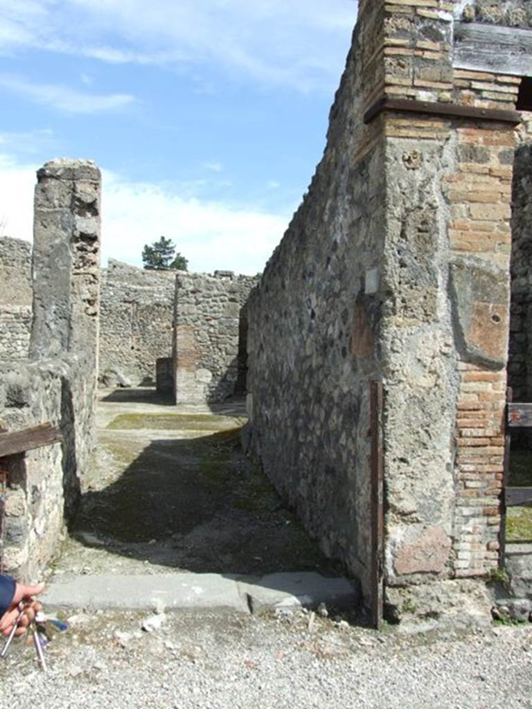 V.1.15 Pompeii. April 2009. Entrance, looking east along fauces to atrium.  Originally found on the walls at the entrance were the following graffiti containing the names of two women, and their prices -

Felicla  virna  a(ssibus)  II      [CIL IV 4023] 

Successa  vern(a)  a(ssibus)  V
bellis  moribus                          [CIL IV 4025]

See Varone, A., 2002. Erotica Pompeiana: Love Inscriptions on the Walls of Pompeii, Rome: L’erma di Bretschneider. (p.144)

Also found on the front door post, was –
Menander
bellis  moribus
aeris  ass(ibus)  II      [CIL IV 4024]
This is translated as “Menander, nice-mannered, costs two asses”    [CIL IV 4024]
See Varone, A., 2002. Erotica Pompeiana: Love Inscriptions on the Walls of Pompeii, Rome: L’erma di Bretschneider. (p.153)
