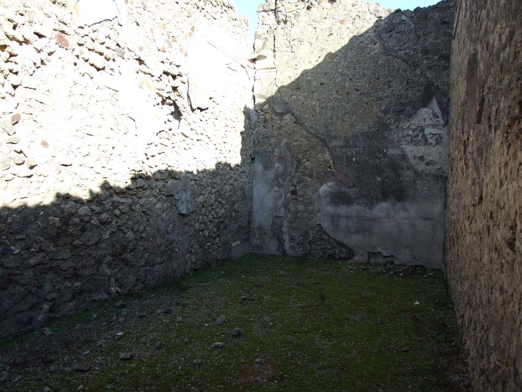 V.1.18 Pompeii. December 2007. Large rear room or triclinium “m”, at end of corridor leading north from peristyle. Looking east.
According to NdS, this large triclinium had painted walls which were half yellow and half black.
The colours were separated by painted elegant Ionic columns, between which hung garlands of ivy.
See Notizie degli Scavi di Antichità, Gennaio 1876, (p. 77)
